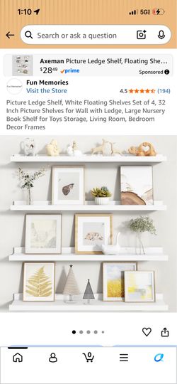 Four pack floating white shelves, approximately 16 inches long