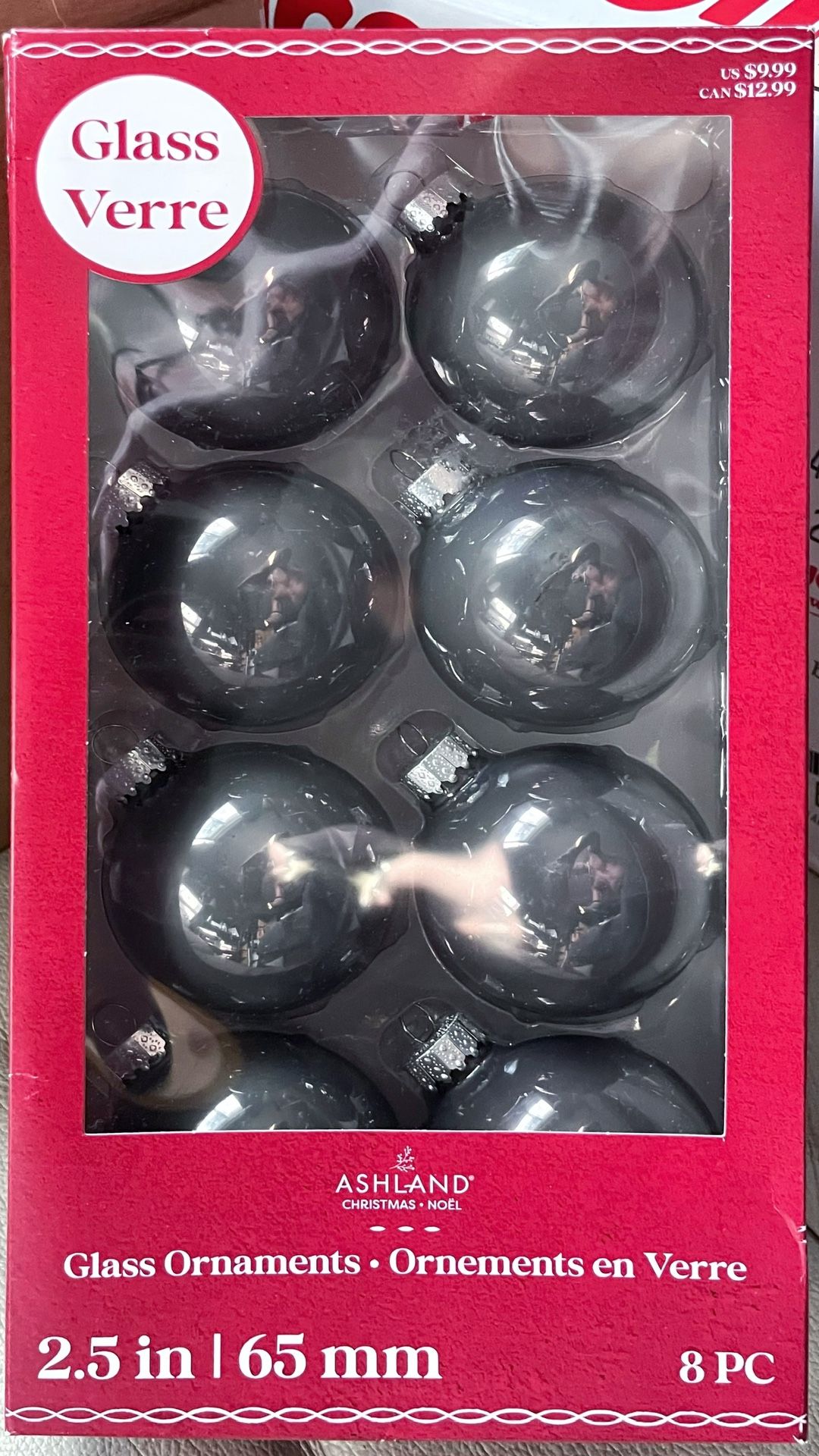 Box of 8 Pearlescent Grey Glass Ball Christmas Ornaments 