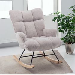 Nursery Rocking Chair Teddy, Upholstered Glider Rocker with High Backrest, Comfortable Stylish Accent Armchair with Padded Seat for Living Rooms, Grey