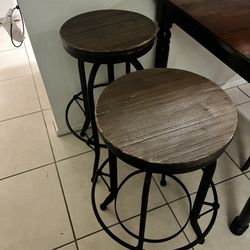 Set of 2 wood and wrought iron adjustable barstools