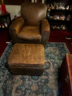 Brown Leather Club Chair with Ottoman