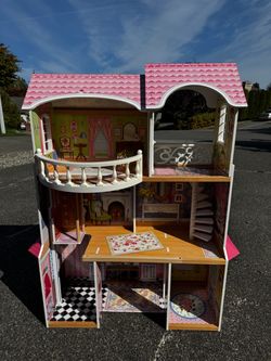 Children Wooden Dollhouse Large 3-Story Playset Toy House Wallpaper Balcony Stairs for Boys Girls Pretend Play Dream Gift