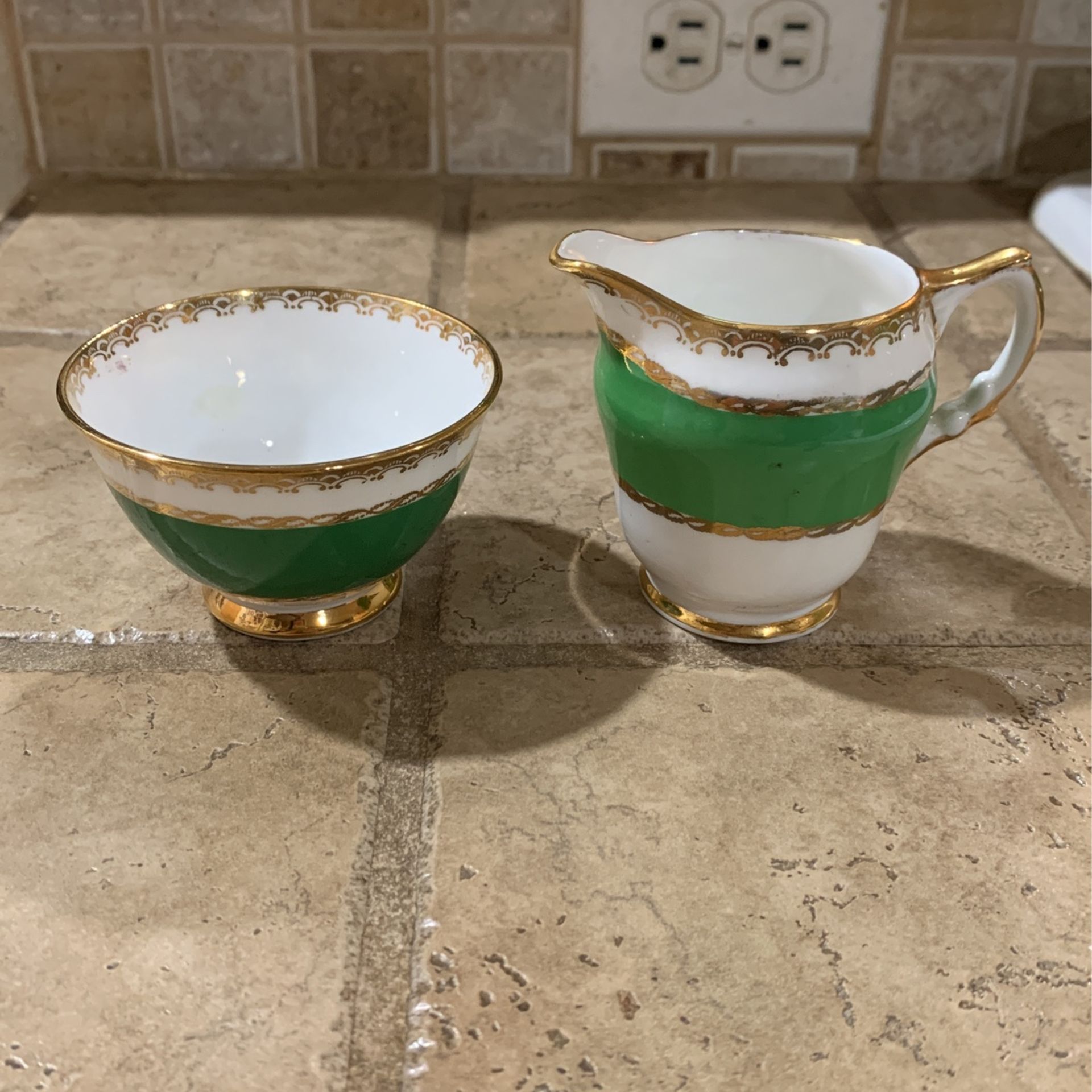 Cutest Vintage Sutherland Fine Bone China Sugar Dish And Creamer Set- Green With Gold Accents