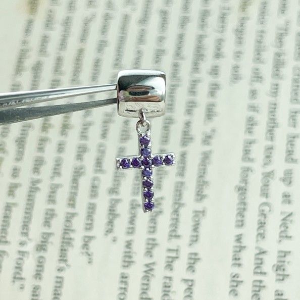 Dangle Charm Bead with Purple Diamond Cross, Elegant Design, Fits Pandora Bracelets