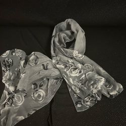 Gray Rose & Peacock Feather Print Sheer Long Scarf (58” x 19”)