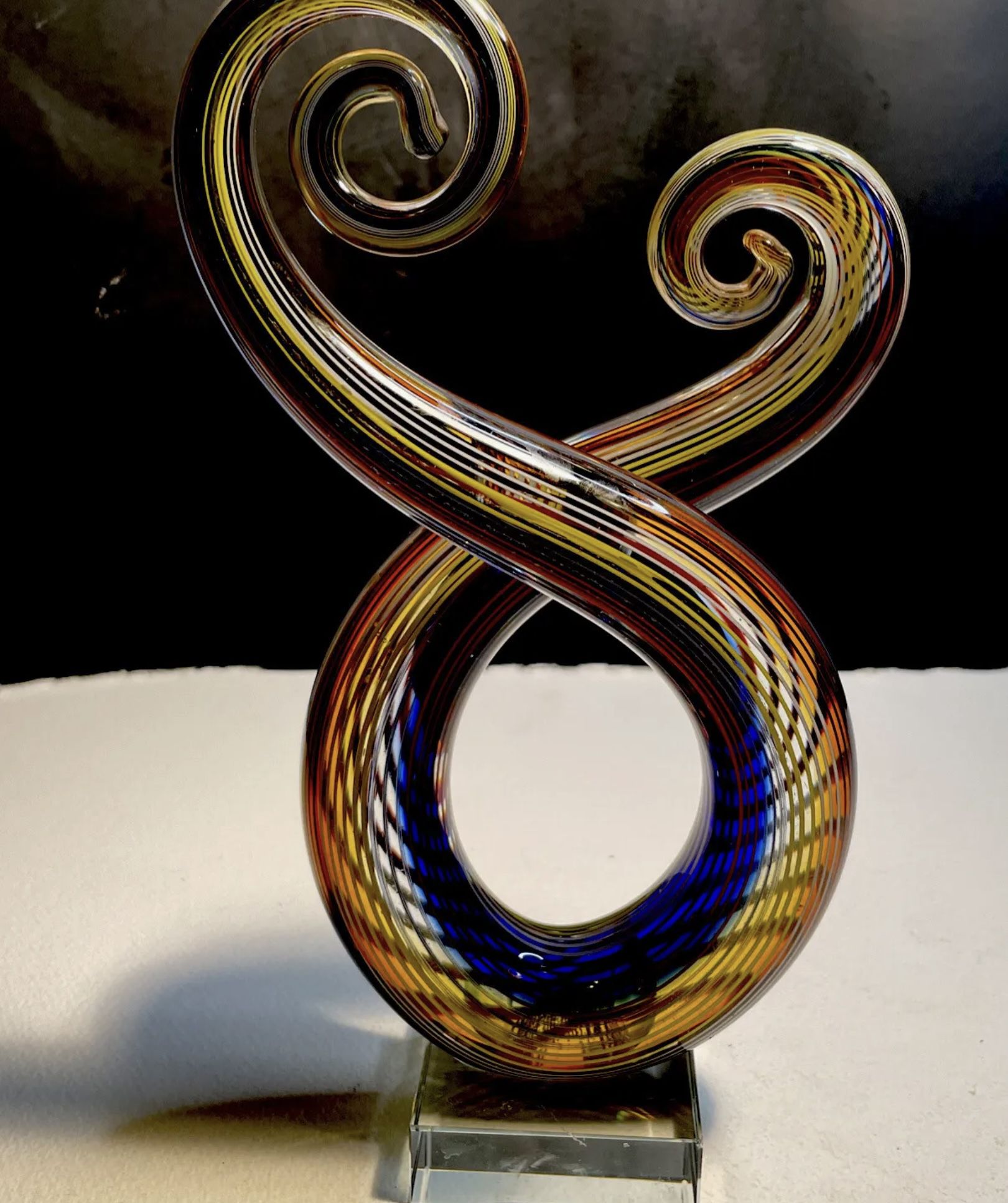 Abstract Art Glass Figurine Colorful Spiral Swirl Statue Blue Yellow Orange