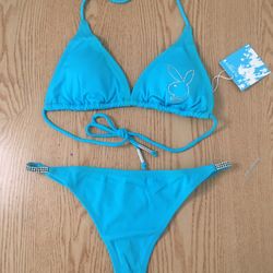 New Womens Vintage Playboy 2Pc Rhinestones Thong Bikini Swimsuit Size Large 