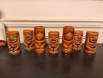 7 Tiki Leilani Ceramic Tiki Mugs — Set of 5 + 2 Vintage Totem Mug Cup DW114 Hawaii Hawaiian Luau