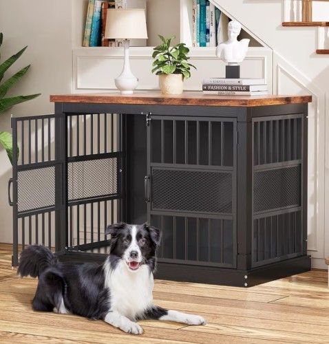 40" Farmhouse Dog Crate Furniture, Double Door, End Table, Chew Resistant, Rustic Brown + Black