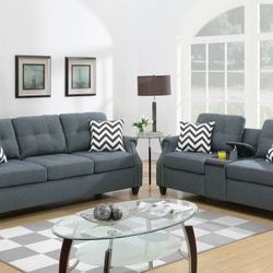 Brand New Blue Gray Fabric Sofa + Loveseat With USB And Cup Holders