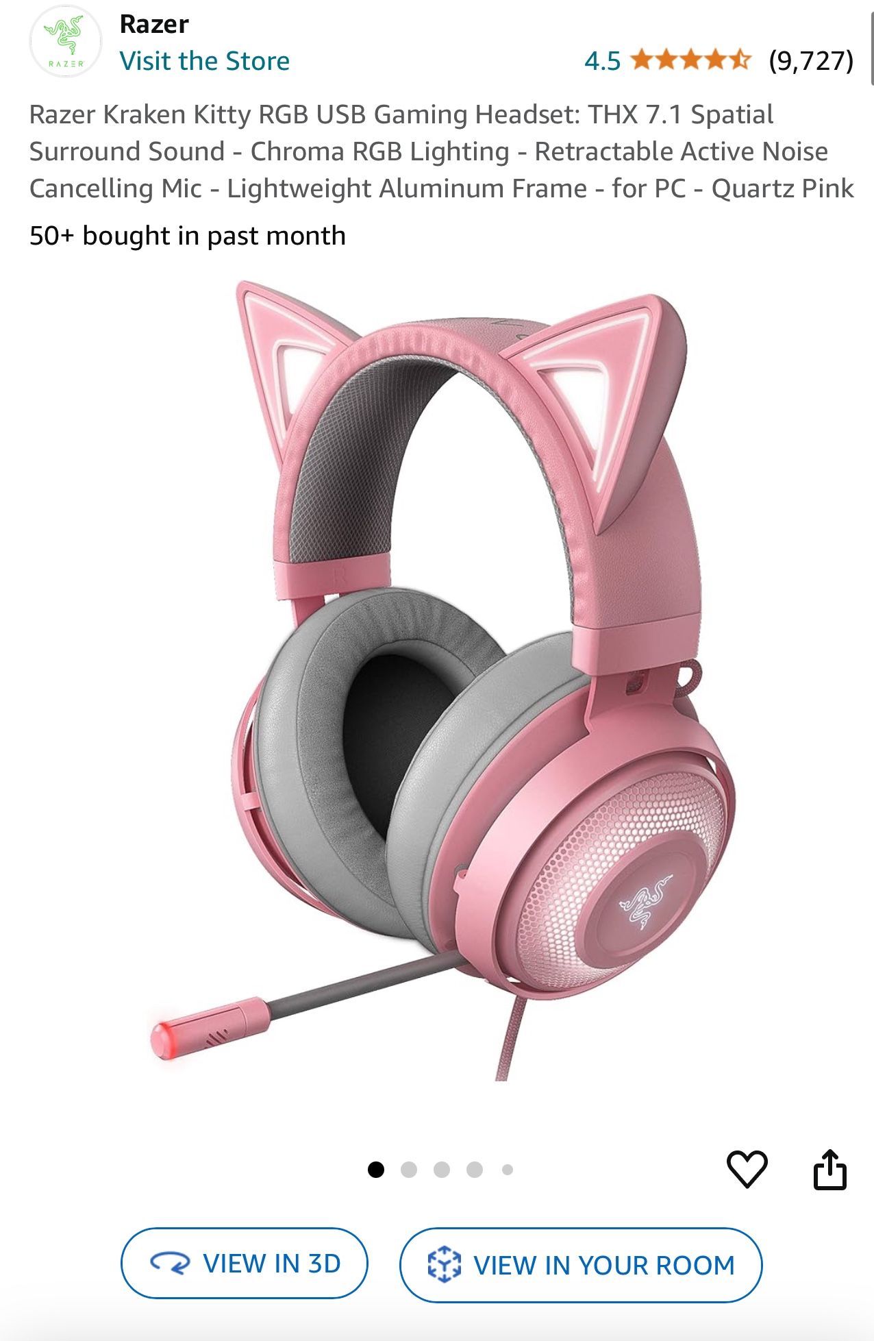 Razer Kraken Kitty RGB USB Gaming Headset: THX 7.1 Spatial Surround Sound - Chroma RGB Lighting - Retractable Active Noise Cancelling Mic - Lightweigh