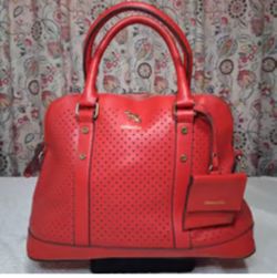 an Emma Fox Red Leather Domed Satchel Bag, featuring a perforated leather exterior, double top handles, and an attached small coin or card pouch