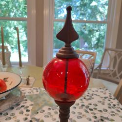 Vintage Cast Iron and Red Glass Ball Garden Finial