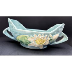 Vintage 40s RARE Roseville Pottery - Blue Water Lily Rose Bowl 439-6