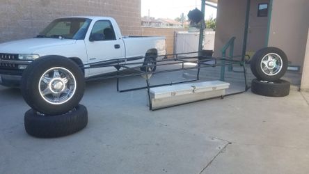 18” Rims with Tire, Ladder Rack For Pickup., & tool box shed long bed pick up bundle