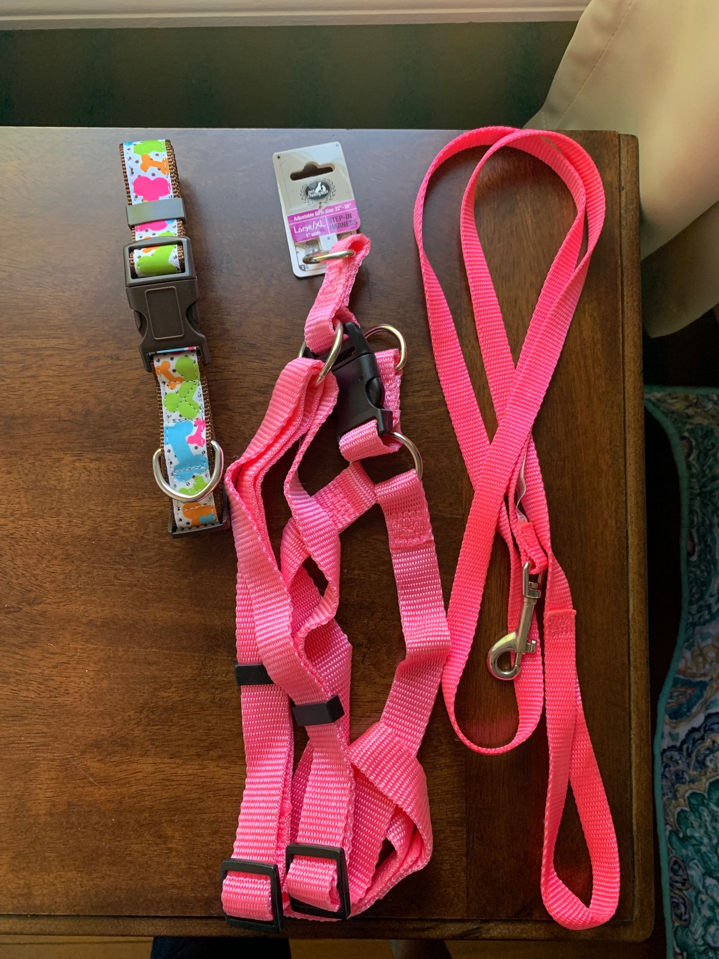 Never used/ Large Pink Step in harness/ pink leash/ multicolored dog collar