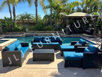 NEW🔥Outdoor Patio Furniture 7 Pc Black Wicker Peacock Blue Cushions storage table Cover ASSEMBLED