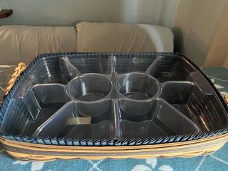 Vintage Longaberger Serving Tray Wooden Basket leather braided handles  with fabric liner, protector and divider