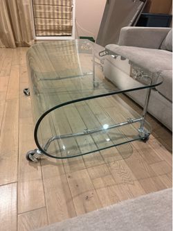 Vintage Smoked Glass Chrome Rolling Coffee Table / Postmodern Waterfall Style