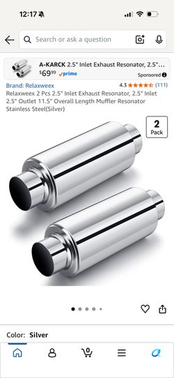 Relaxweex 2 Pcs 2.5" Inlet Exhaust Resonator, 2.5" Inlet 2.5" Outlet 11.5" Overall Length Muffler Resonator Stainless Steel(Silver)