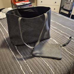 Thirty One Grey Leather Tote/Wristlet