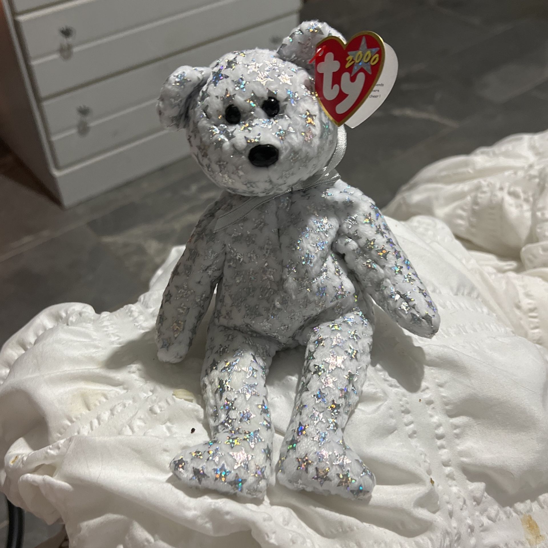 TY Baby Beanie, White, Silver 