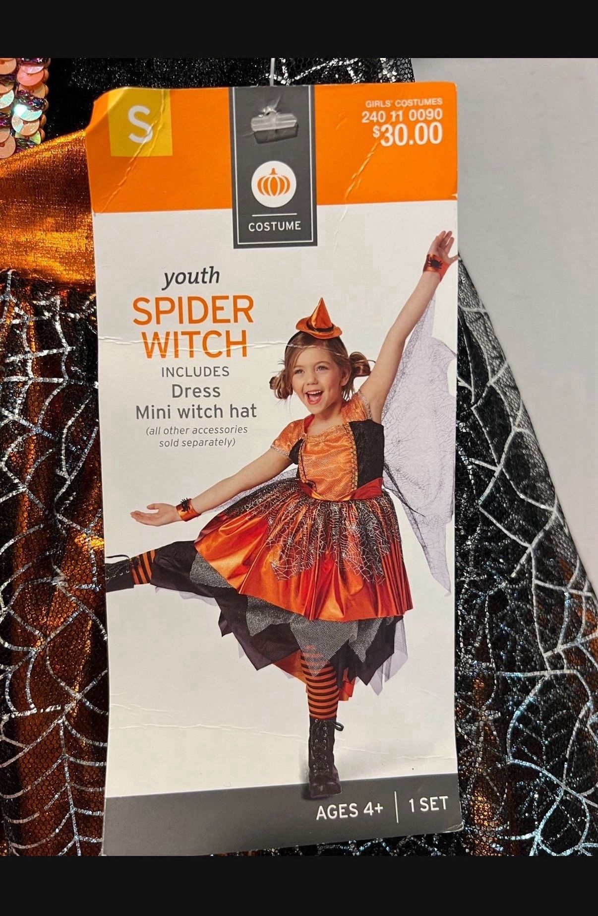 New Spider Witch Girls Costume Size Small 4-5 Dress with Hat