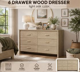 6 DRAWER WOODEN DRESSER  LIGHT OAK COLOR.