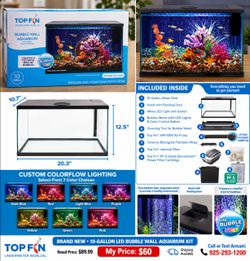 Brand New Top Fin 10-Gallon LED Bubble Wall Aquarium Kit – $60