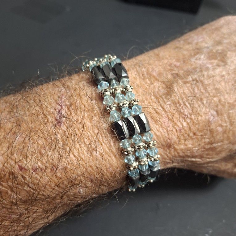 Unique Magnetic Hematite Therapy Wrap Bracelet With Blue Crystal Beads 21"