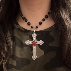 Black Beaded Choker Necklace Adjustable Silver Cross With Heart Goth Large Big