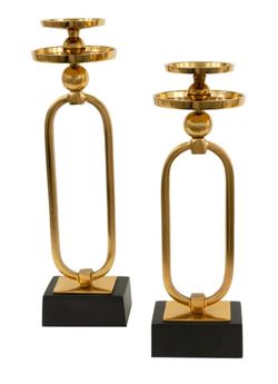 2pc Gold Candle Holder Set Black Base.