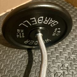 Standard Curl Bar with Weight Plates: 25s, 10s, 7.5s and 5 pounders. Brute Weigh: 109#