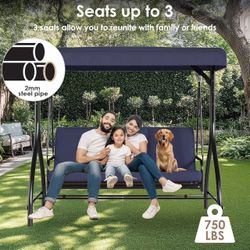  3-Seat Outdoor Patio Porch Swing with Adjustable Canopy & Backrest, Convertible Glider Bed with Stand, Removable Seat Cushion, 45° Tilt Adjustment fo