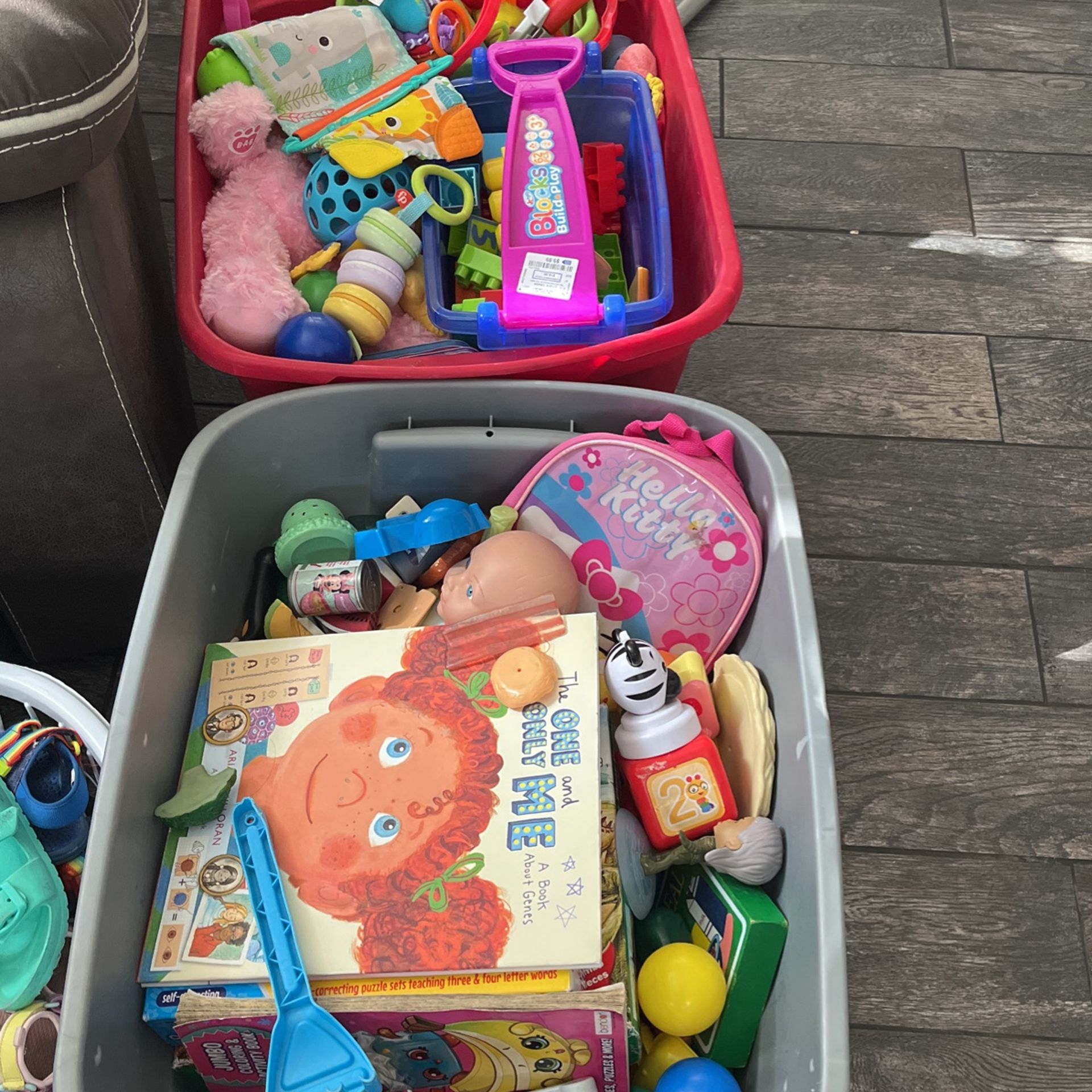Two Full Boxes Of Toys Barbies, Blocks, And More 20 Each Box