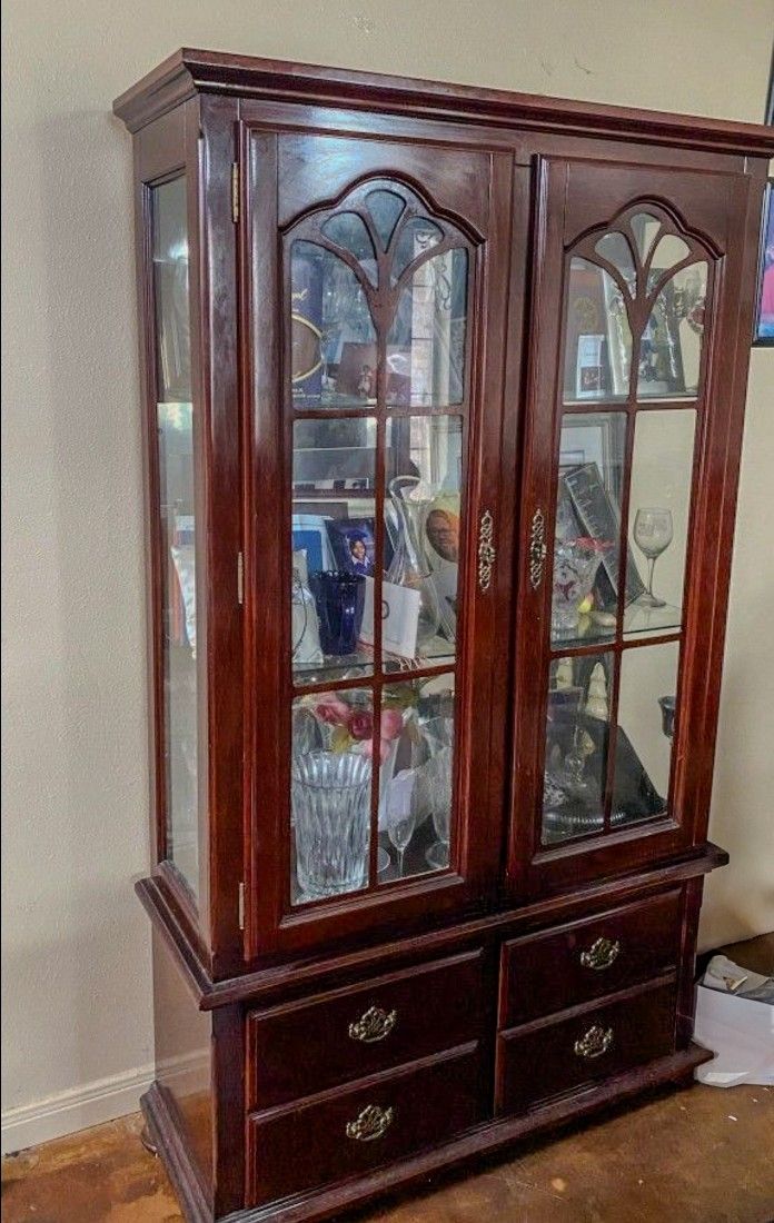 Wooden Display Cabinet with Glass Doors, Antique