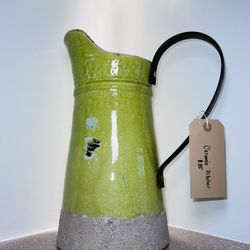 Ceramic Pitcher Planter with Cast Iron Handle 