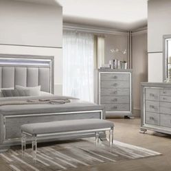 Vail Gray LED Upholstered Panel Bedroom Set