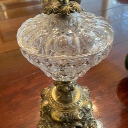 Crystal Round Compote Pedestal  Dish Lid Metal Base Handle CrystalTear Drops