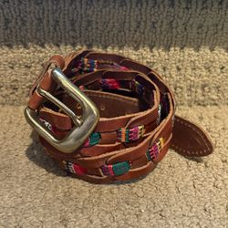 Women’s Colorful Woven Insert Brown Leather Belt Size Medium-Fits Small