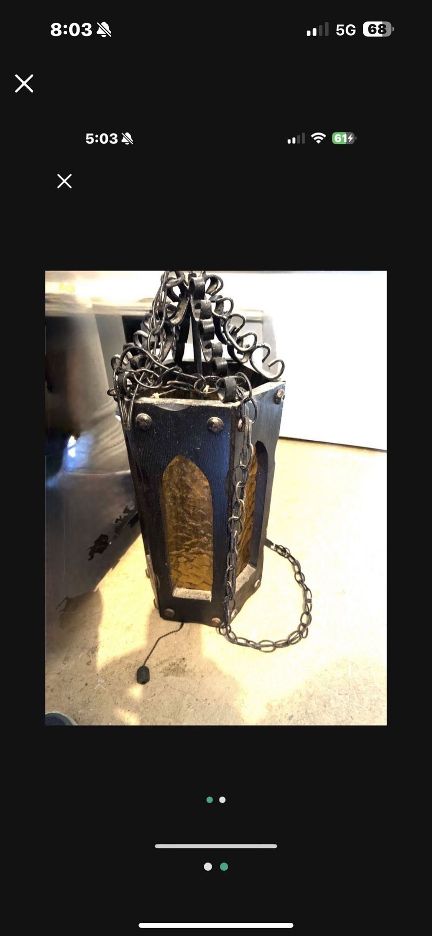 Mid-Century Modern MCM Swag Gothic Style Wrought Iron Hanging Lamp Amber Glass