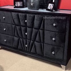 Black Velvet Dresser W/ Acrylic Crystal Knobs Brand New In Box 
