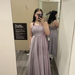 glittery lavender floor length dress