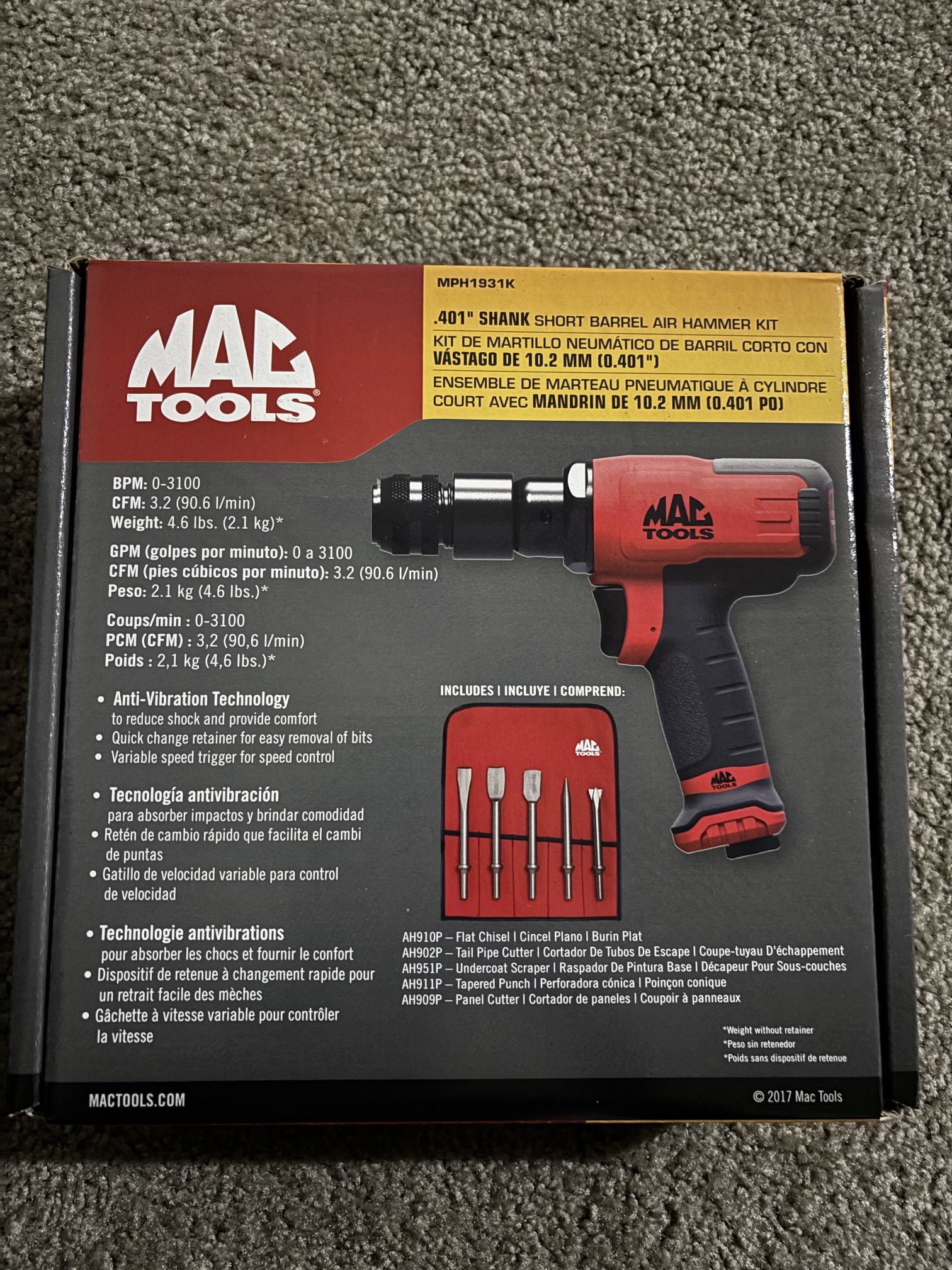 Mac Tools Short Barrel Air Hammer With Bits