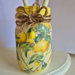 Hand painted and decoupaged jar and wooden spoon set
