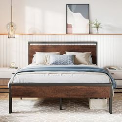 Clearance Full Size Heavy Duty Metal Platform Bed Frame with Industrial Wooden Headboard & Footboard, Mahogony