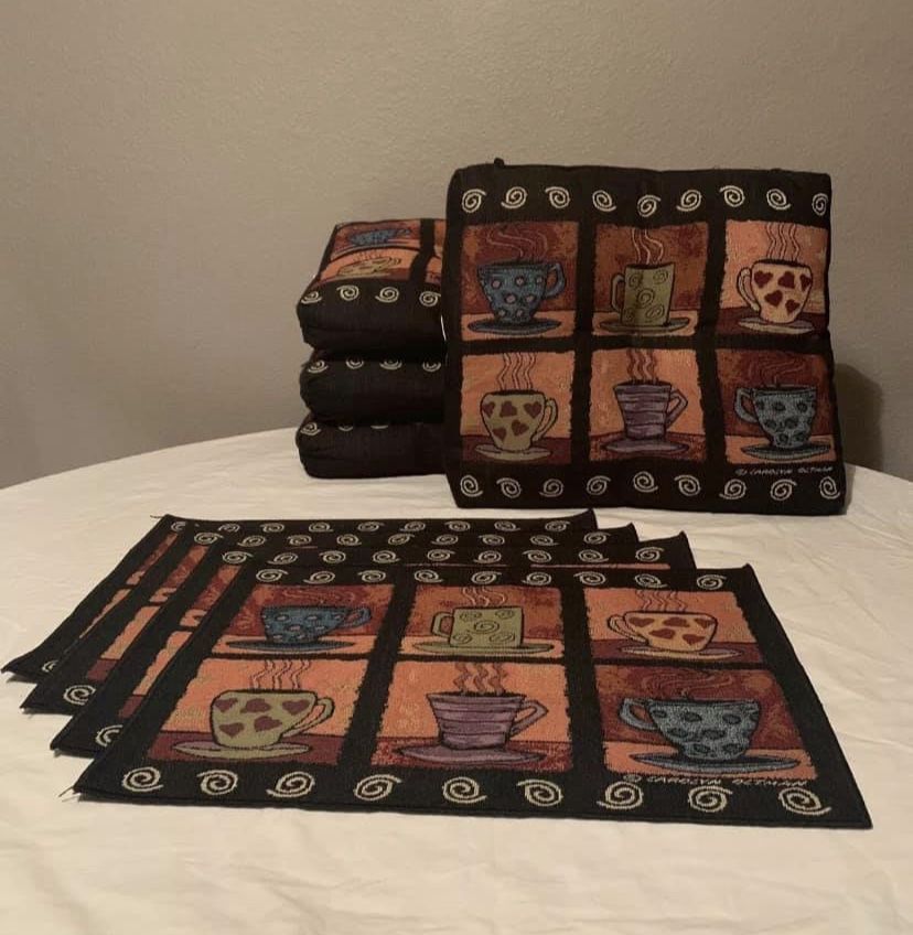 Designer Seat Cushions & Placemats (Set Of 4) By Artist Carolyn Oltman Coffee themed table mats