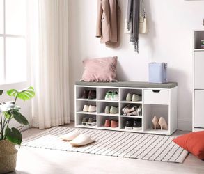 Storage Bench, Entryway Bench with Cushion, Drawer and Open Compartments, Bench with Storage, Living Room, Bedroom, Closet, White and Gray ULHS24WT