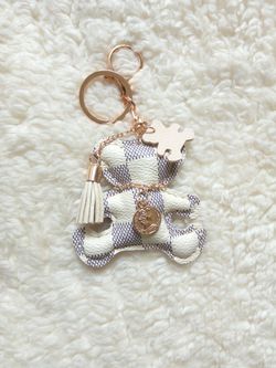 Faux Leather Damier Bear Keychain Charm White/Gold