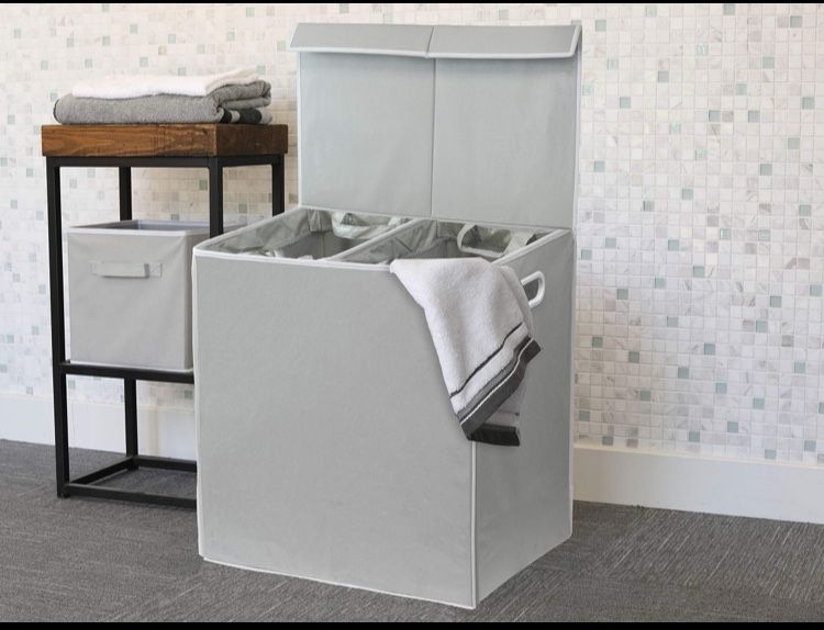 Double Laundry Hamper with Lid and Removable Laundry Bags, Grey